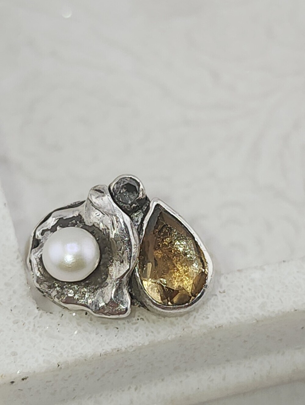 CITRINE PEARL & CLEAR ZIRCONIA HANDMADE IN STERLING SILVER RECYCLED METAL SZ 7.5